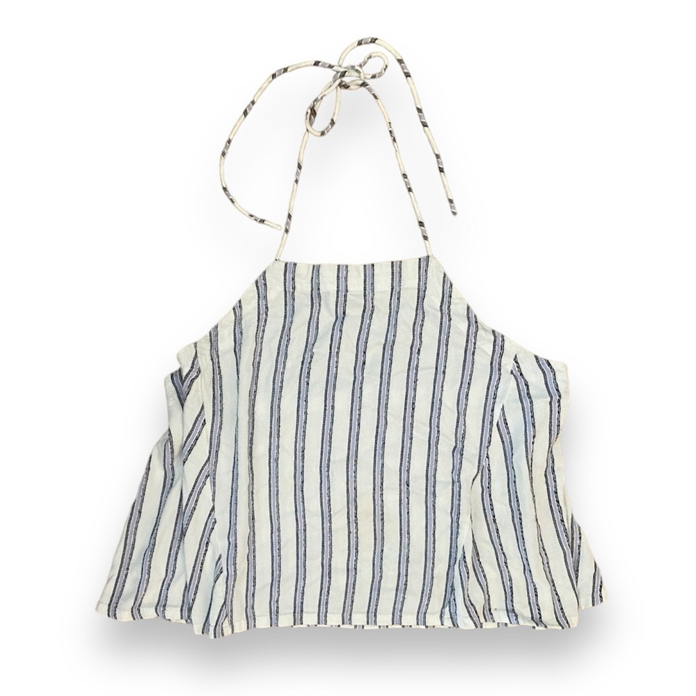 Club Monaco White and Blue Stripped Tie Halter Neck Apron Front Sleeveless Tank